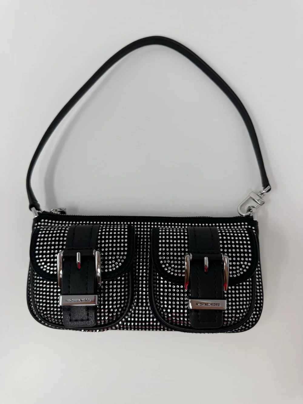 Michael Kors Zoe Black Rhinestone Suede Pochette Shoulder Bag Y2K
